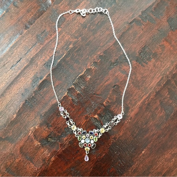 Multi Gemstone Silver Sari Bib Necklace - Picture 4 of 11